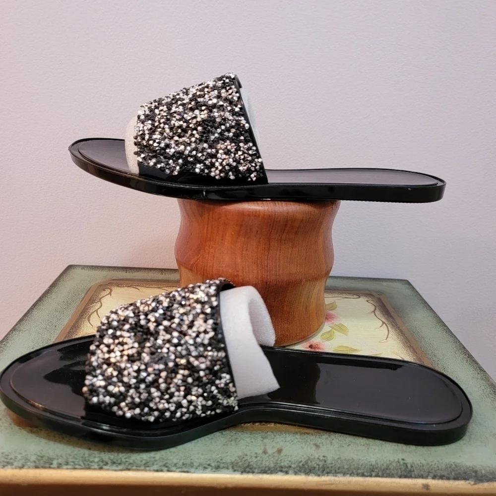 NWOT Black and Silver Glitter Slides Size 7 - Picture 3 of 6